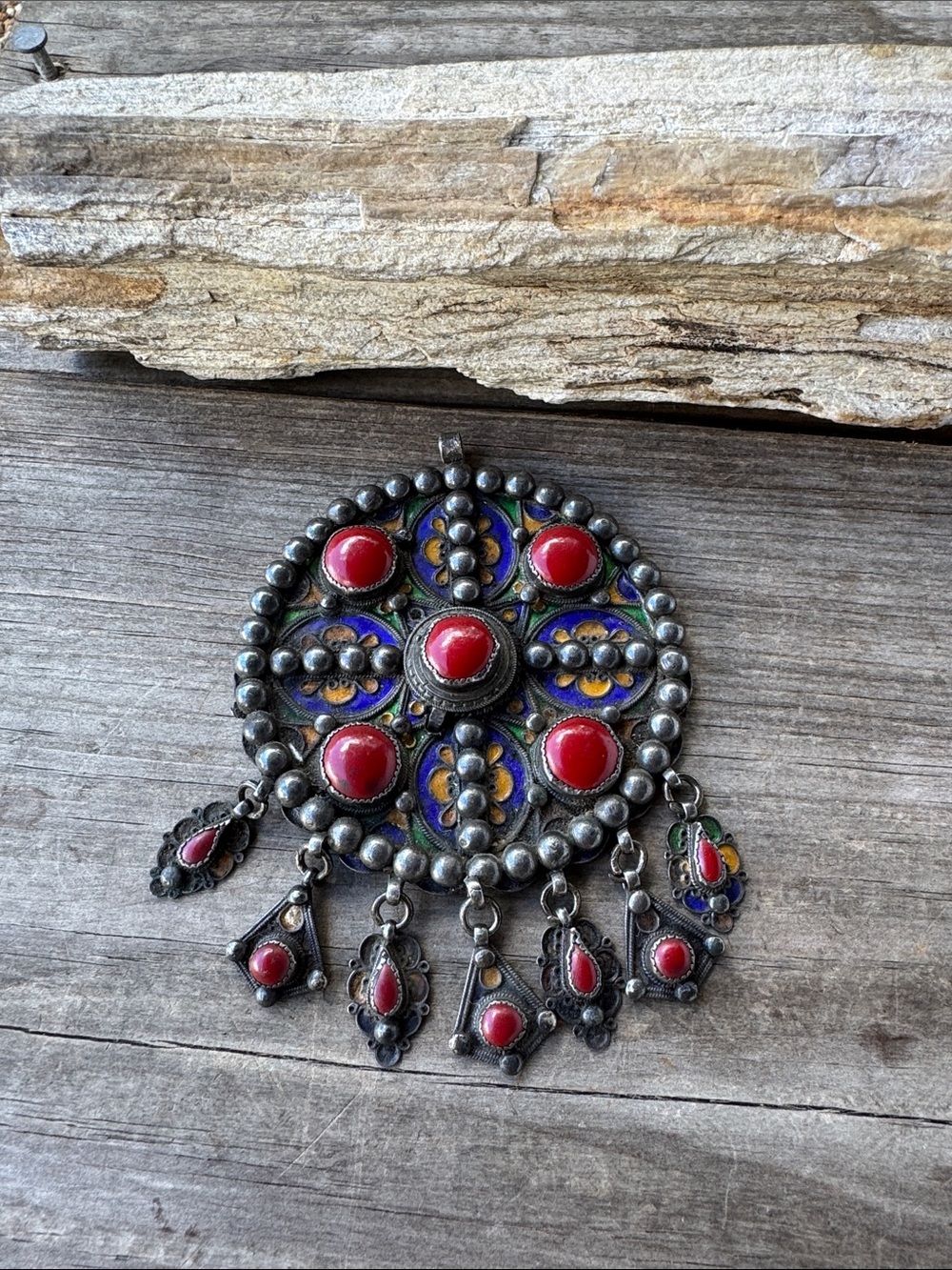 Large Sterling Silver Statement Pendant with Enamel and Coral